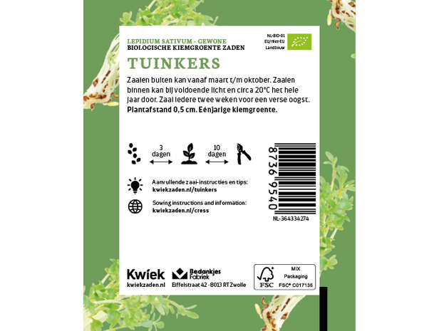 Biologische tuinkers zaden -  Kwiek Uitdeel zakjes